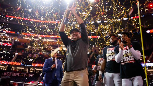 Jan 9, 2023; Inglewood, CA, USA; Georgia Bulldogs head coach Kirby Smart celebrates with the championship trophy after defeating the TCU Horned Frogs during the CFP national championship game at SoFi Stadium. Mandatory Credit: Mark J. Rebilas-USA TODAY Sports